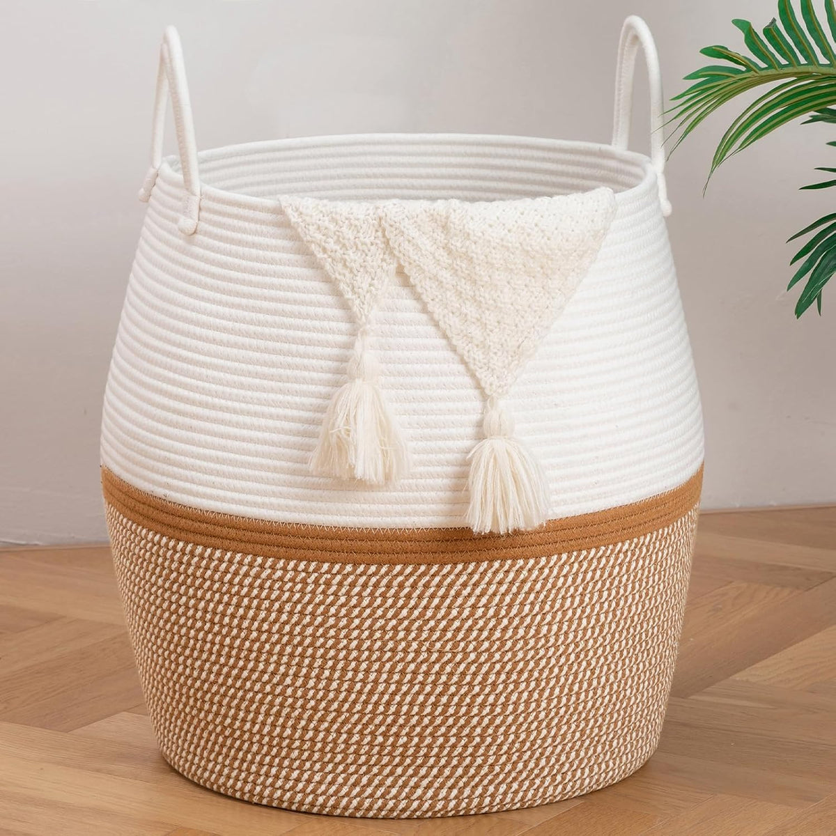OIAHOMY 80L Blanket Basket with Handle, Storage Basket for Living Room, Laundry Hamper for Clothes, Towels, Pillows, Toy Storage for Kids and Dogs, Baby Hamper for Nursery - Brown & White