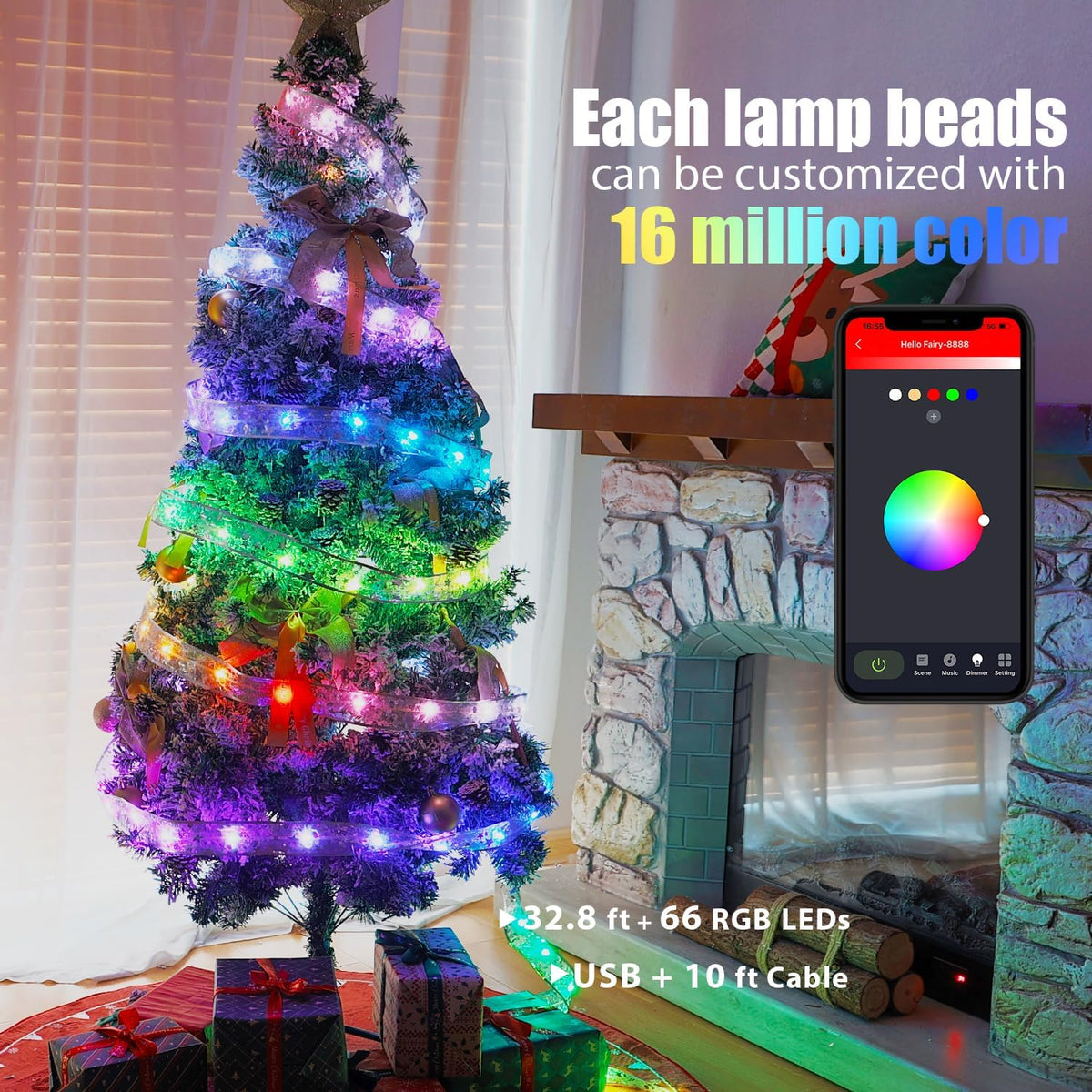 Smart Christmas Tree Ribbon String Lights, 33ft 80 Modes Colors Changing Ribbon Light for Christmas Tree, APP & Remote Control, Sync Musical, Timer, USB (Silver)