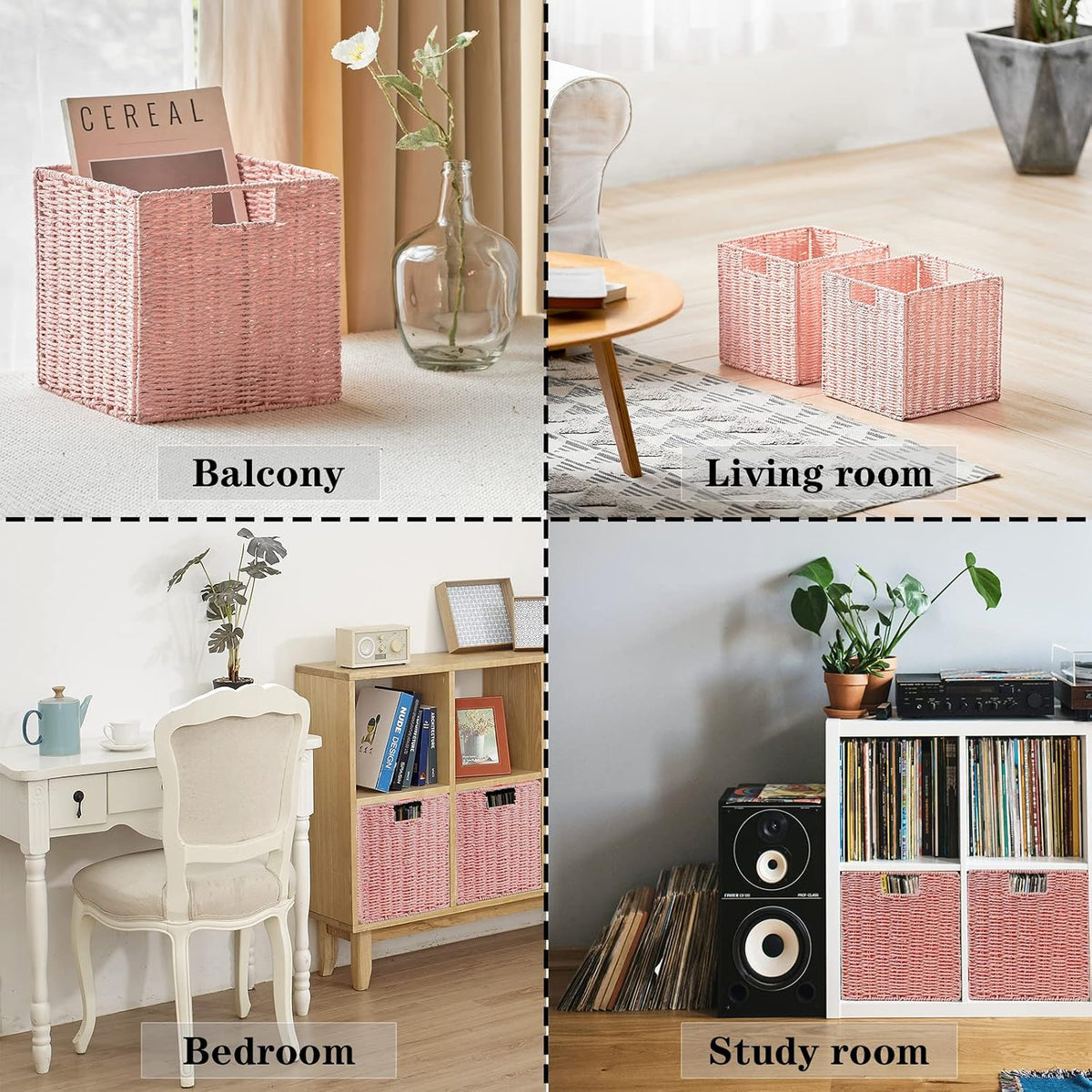 Vagusicc Wicker Storage Basket, Set of 2 Hand-Woven Paper Rope Storage Baskets for Organizing, Pink Cube Storage Bins, 11inch Large Wicker Storage Baskets for Shelves Gifts Pantry Organizing Decor