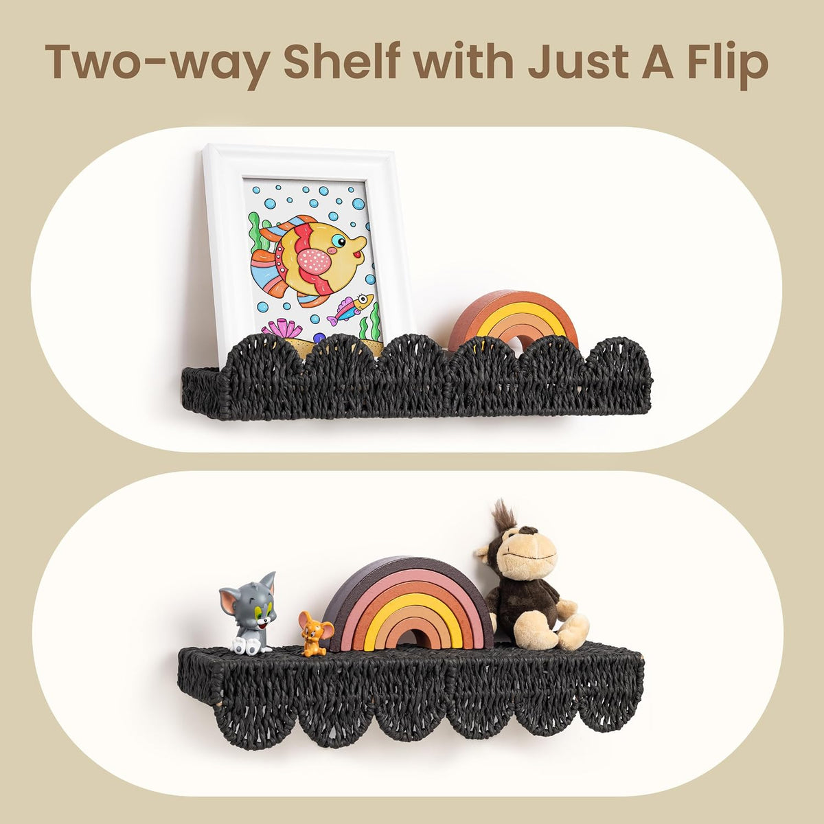 AELS Scalloped Nursery Bookshelf, Set of 4, Picture Ledge Shelf for Wall Decor, Woven Natural Fibre Floating Shelves for Books, Toys, Photo Frames, Nursery, Boho Modern Farmhouse Book Shelf, Black