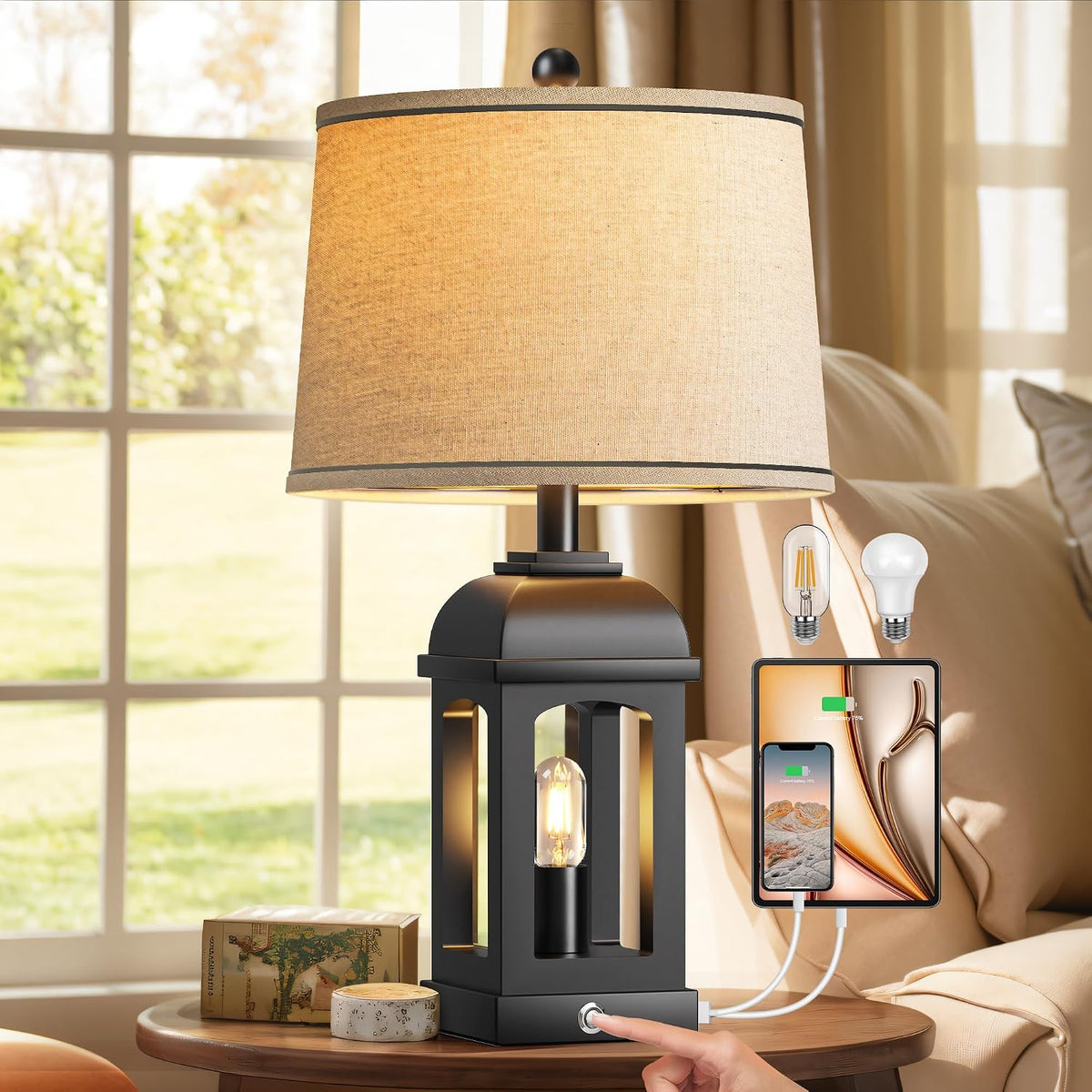 Table Lamp for Bedroom Living Room, Farmhouse Lamps with Nightlight, Black