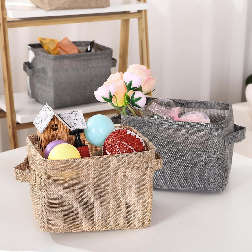 AARAINBOW Storage Basket Bins Canvas Mini Storage Cubes Storage Basket for Makeup, Baby Toys Liners, Books Nursery Storage Baskets with Handles for Shelves & Desks(3 Jute)