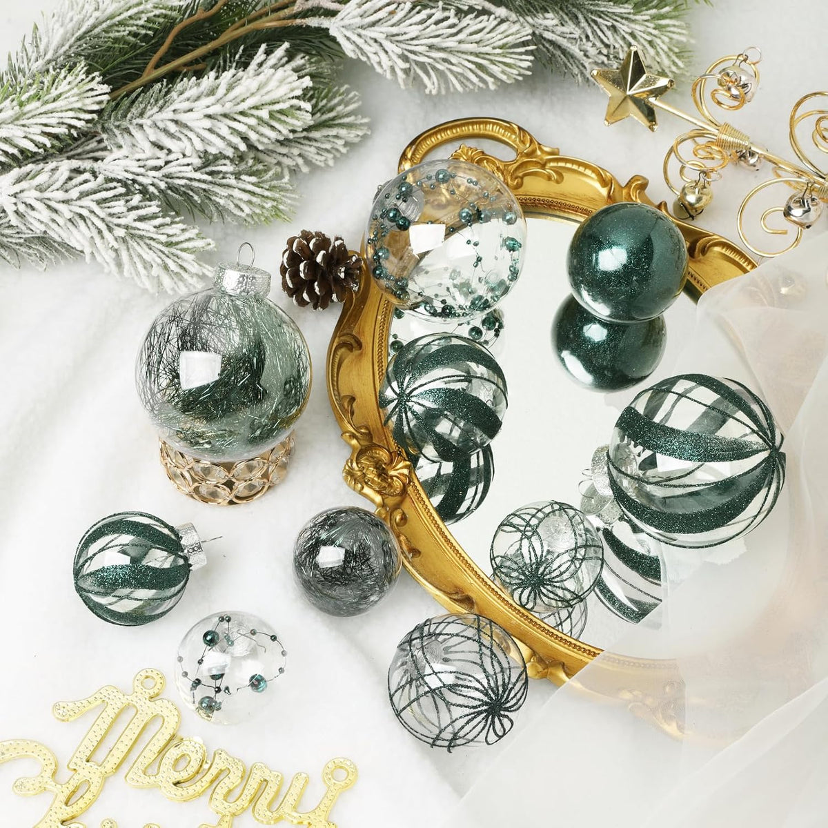 Shatterproof Christmas Ball Ornaments,Clear Plastic Decorative Christmas Balls Hanging Xmas Tree Baubles Set with Stuffed Delicate Glittering Decorations… (Dark Green)