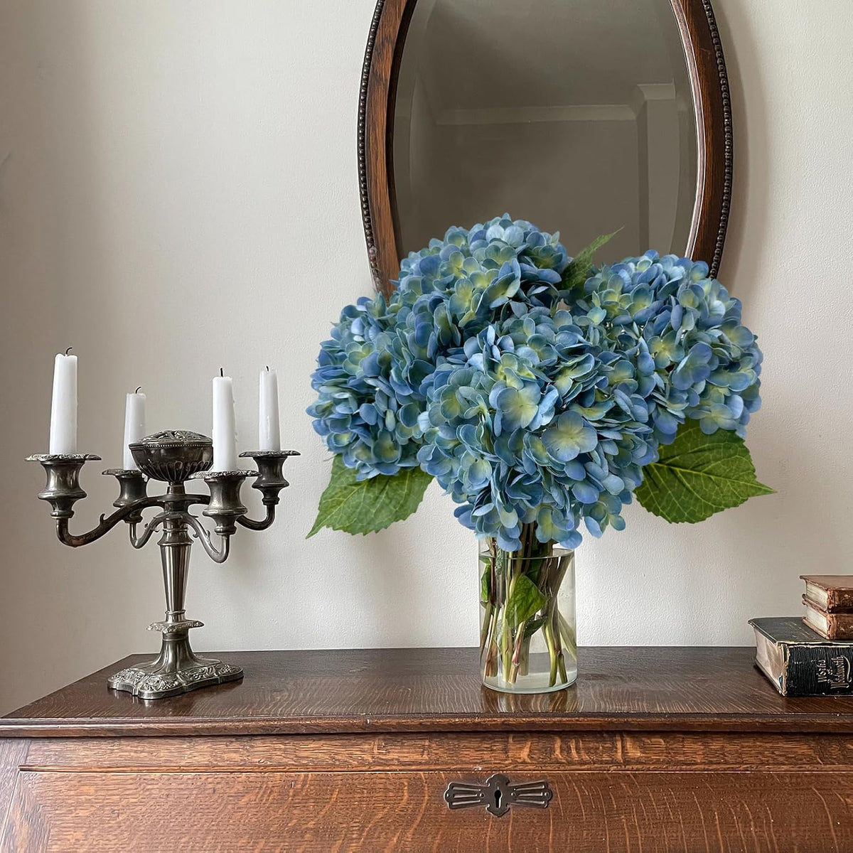 YalzoneMet 3 Pcs Blue/Green Hydrangea Artificial Flowers 21'' Real Touch Latex Hydrangea Faux Flowers for Wedding Tables Centerpieces Baby Shower for Party Home Kitchen Living Room Decor