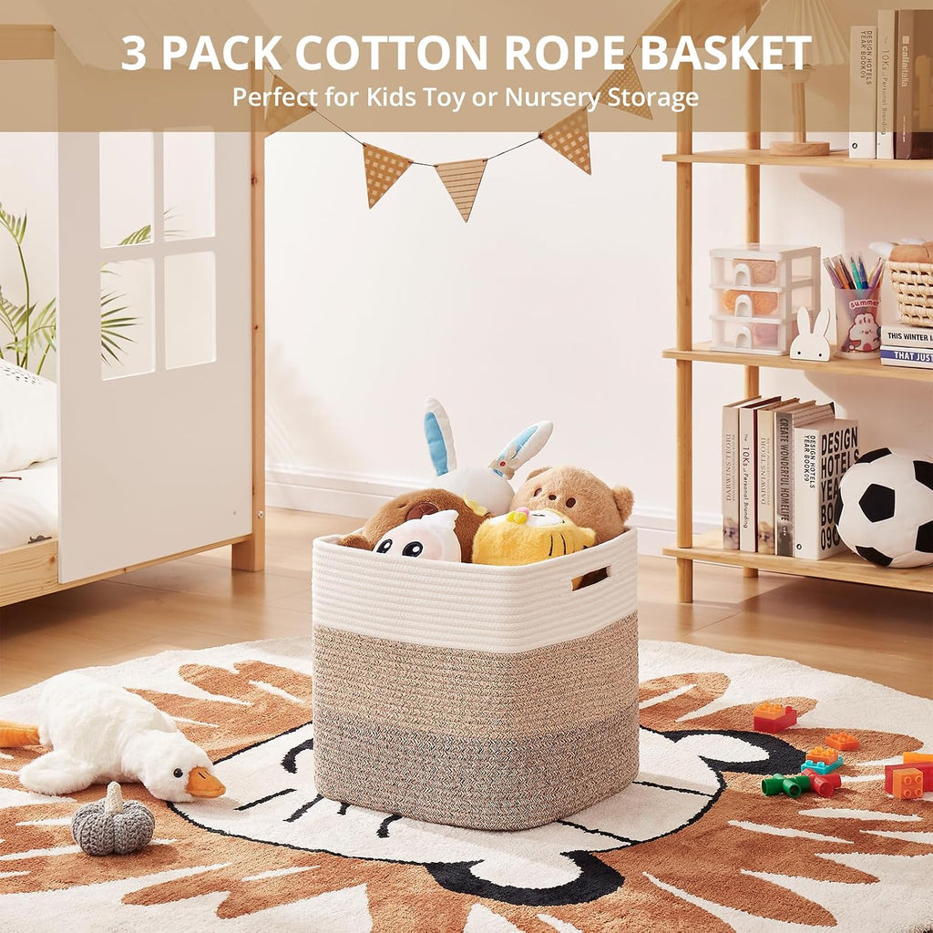 OIAHOMY 13 Inch Cube Storage Bins, 3-Pack Cotton Rope Woven Baskets for Organizing, Insert Storage Baskets for Shelves, Baby Nursery, Closet Organizer, 13 * 13 * 12.6IN, Gradient Brown
