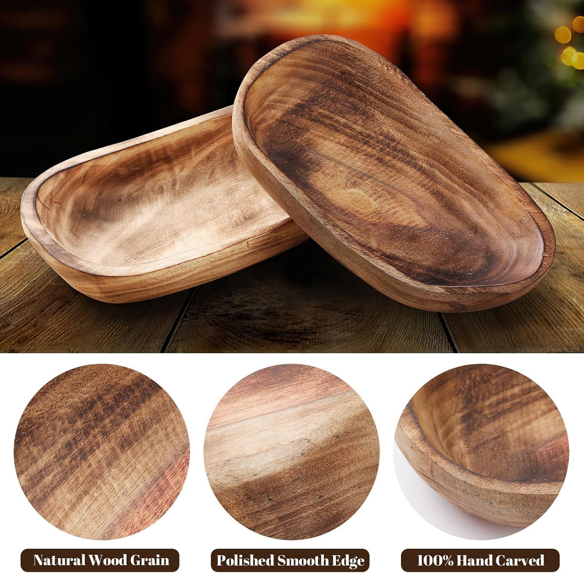 Unittype 2 Pcs Wooden Dough Bowls for Decor Oblong, 13 x 9 x 3.2 Inch