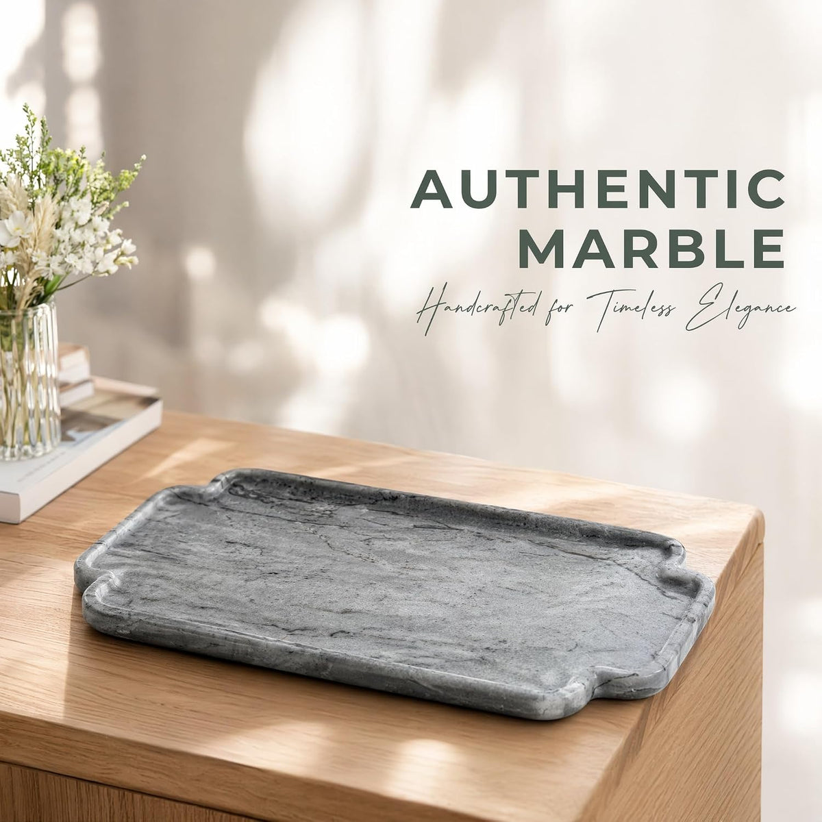 Natural Marble Scalloped Tray 12in Solid Stone Vanity Organizer