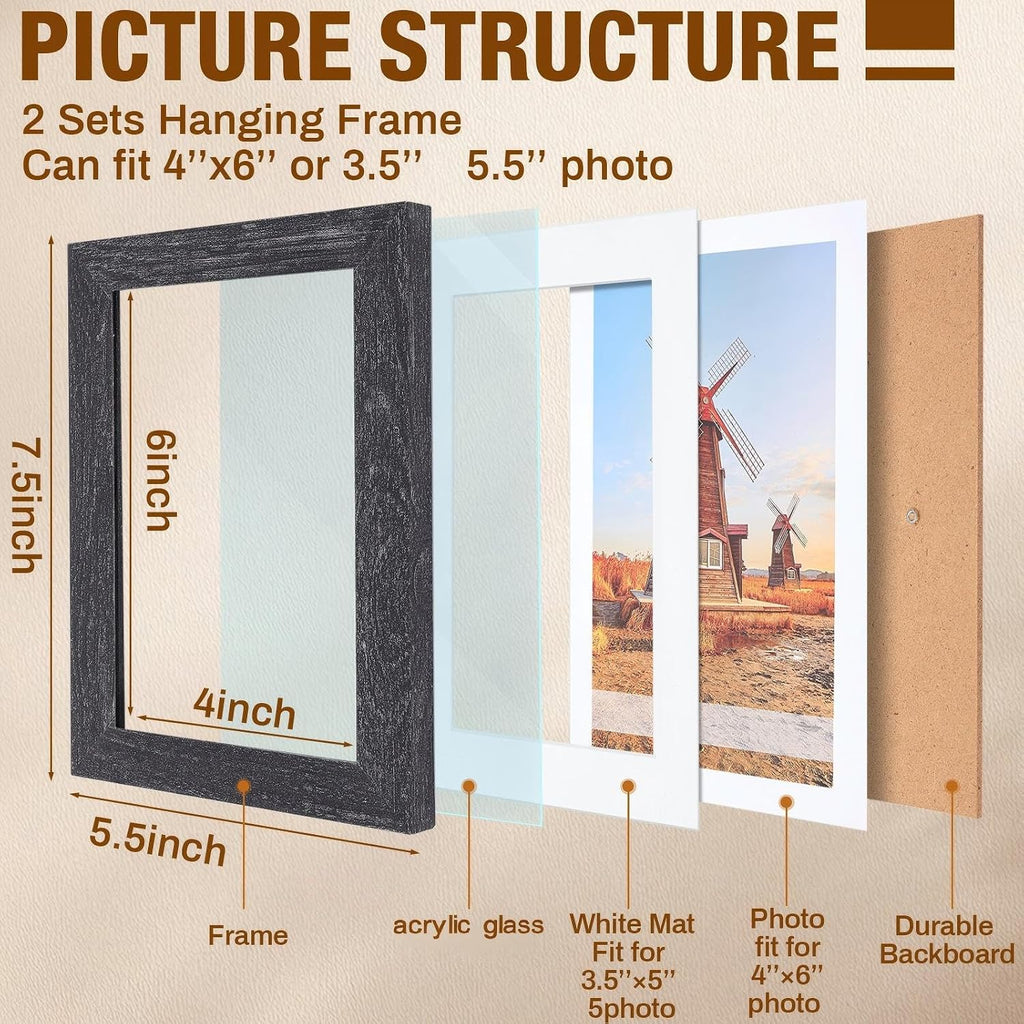 Qunclay 2 Set 4x6 Hanging Collage Picture Frames, Farmhouse Wall Decor