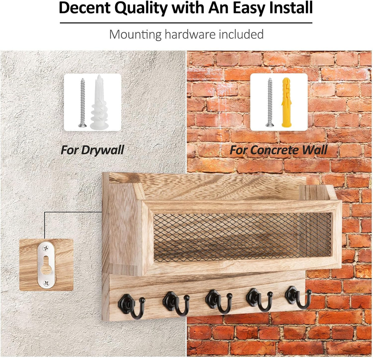 Nekon Mail and Key Holder for Wall Decorative, 11 Inch Mail Holder, Wood