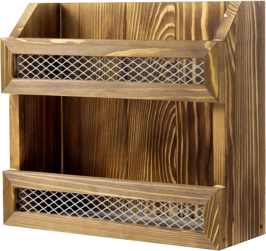MyGift Rustic Burnt Solid Wood Magazine Holder with Decorative Chicken Wire Rail, Wall Mountable Storage Organizer Rack for Upright Display of Magazines