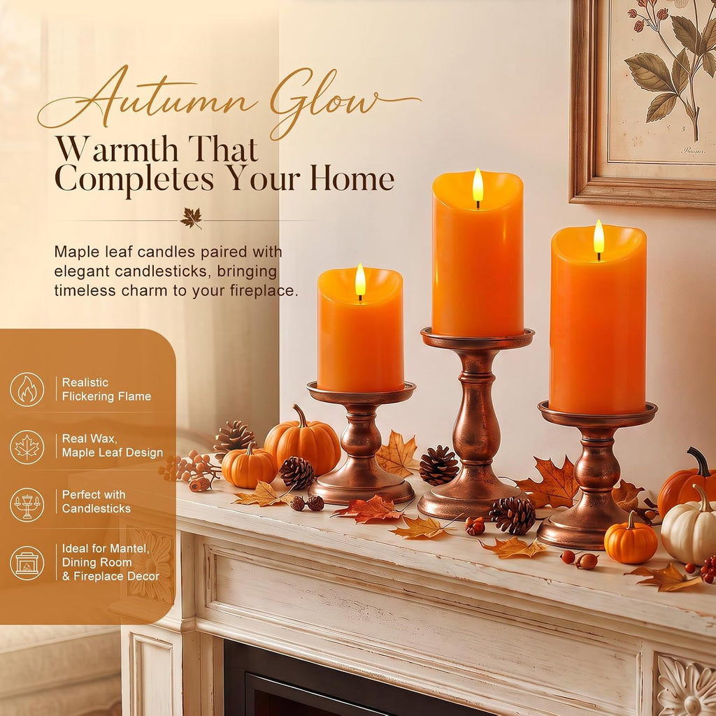 Raycare Real Wax Fall Flameless LED Pillar Candles with Timer Remote,Orange