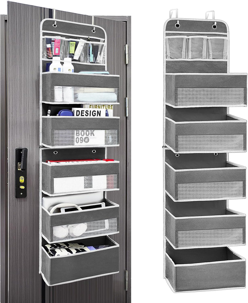 Ease of Assembly Over The Door Organizer,6 Tiers Anti Tilt Hanging Behind Door Storage, Heavy-Duty Reinforced Mesh Rack Holds 44lb for Bathroom,Pantry, Nursery,Closet, Shoes, Towels,Dark Grey