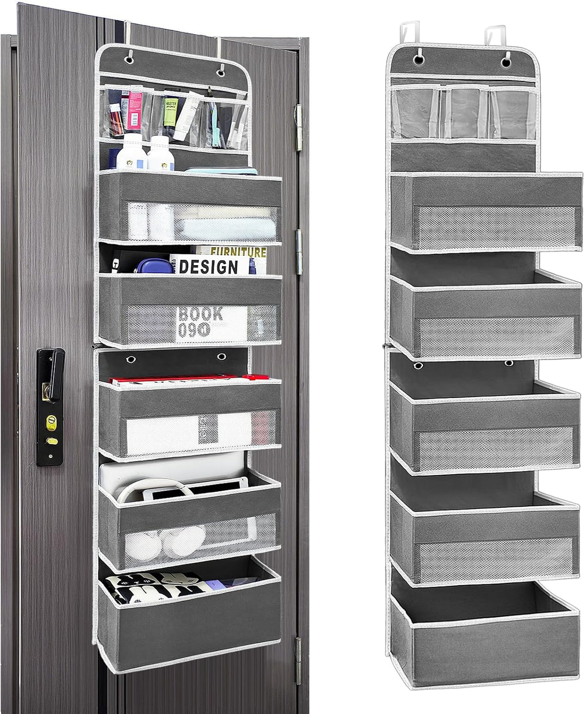 Ease of Assembly Over The Door Organizer,6 Tiers Anti Tilt Hanging Behind Door Storage, Heavy-Duty Reinforced Mesh Rack Holds 44lb for Bathroom,Pantry, Nursery,Closet, Shoes, Towels,Dark Grey
