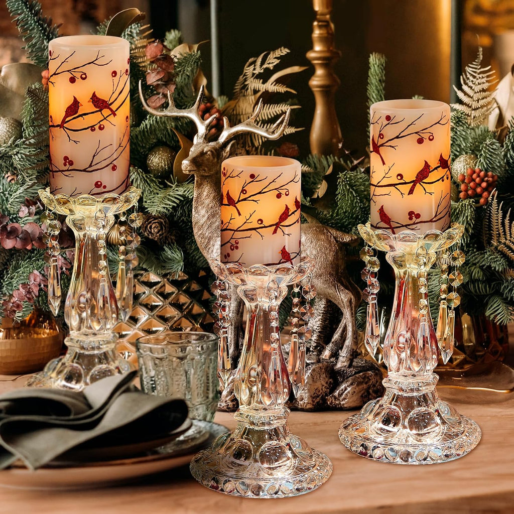 Cardinal Flameless Candles with Timer, Battery Operated Led Flickering Light, Red Bird Real Wax Pillar Candles for Christmas Home Decoration(Set of 3, 3”x4”5”6”)