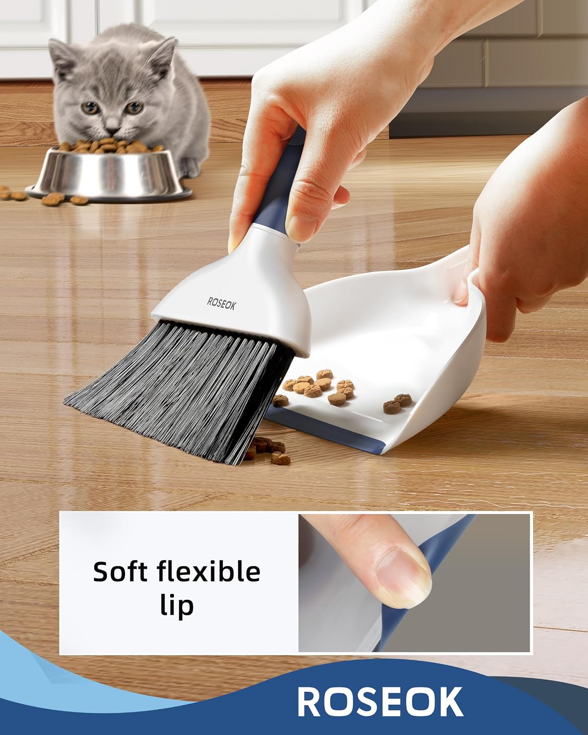 ROSEOK Mini Dustpan and Brush Set, Small Broom and Dust Pan, Navy Blue