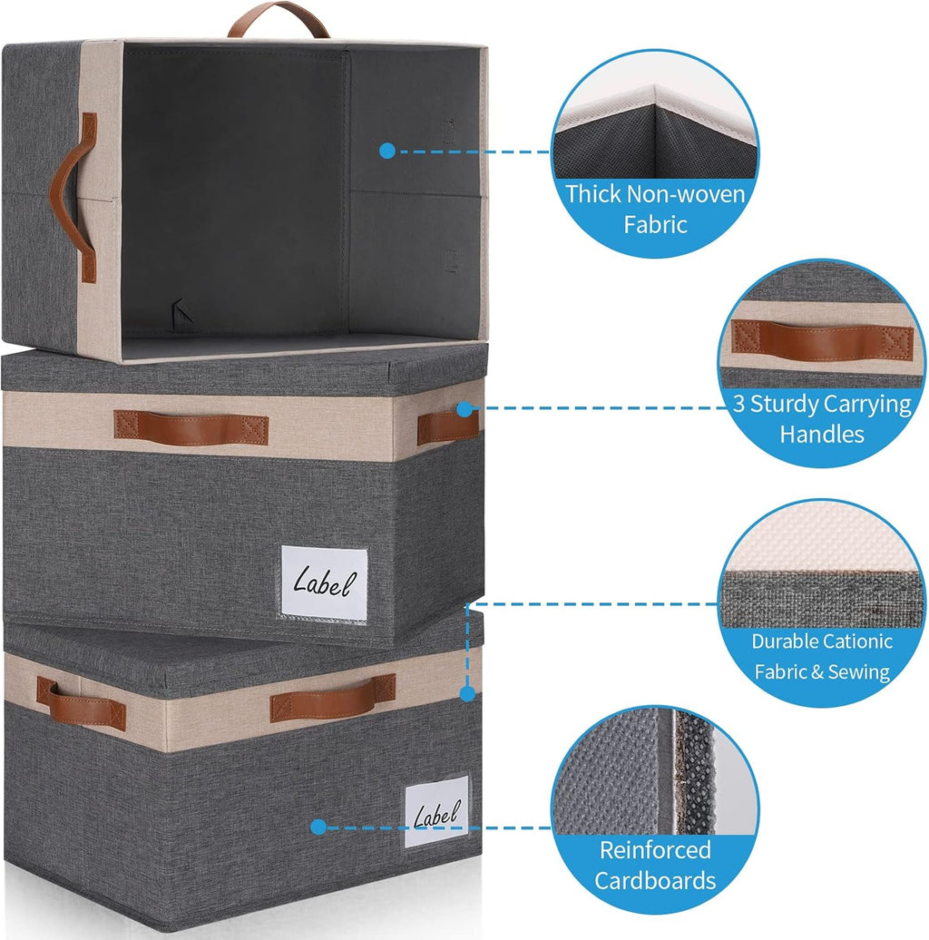 GhvyenntteS Fabric Storage Bins with Lids 3 Pack, Large Fabric Storage Baskets with Lid and Handles, Foldable Closet Organizers and Storage boxes with Label Window for Home (Beige, 15" x 11" x 9.7")
