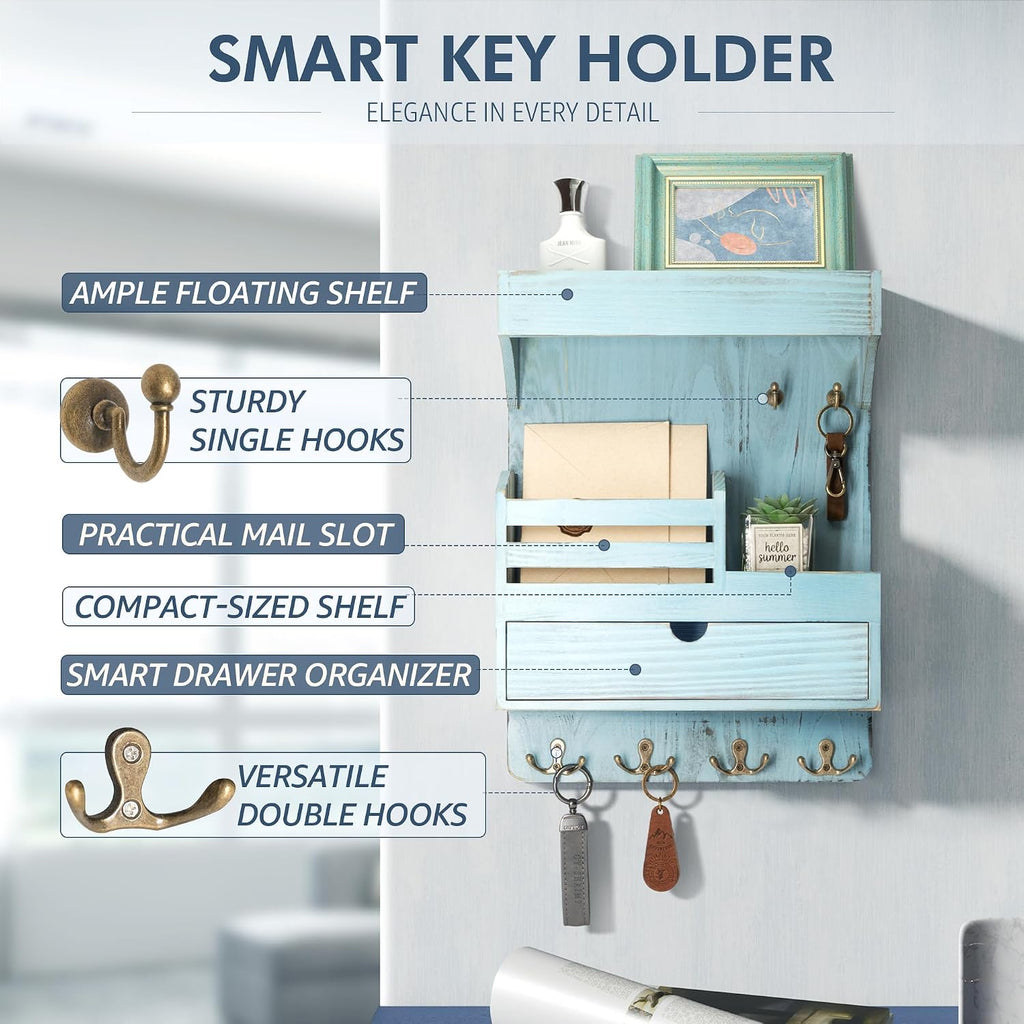 Rebee Vision Key Holder Wall Mount with Drawer & Shelf for Entryway, Blue