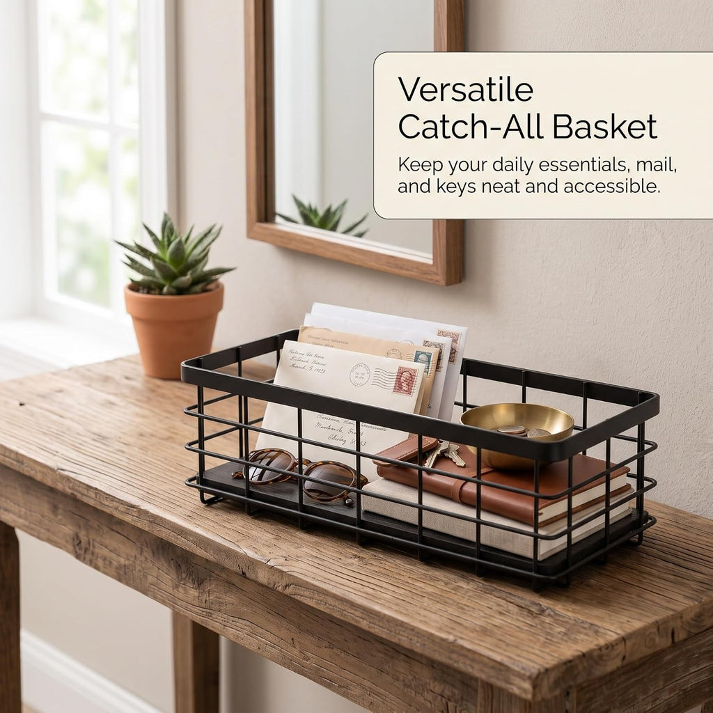 Small Metal Wire Storage Basket with Wood Base (Black+Black, 4 Pack)