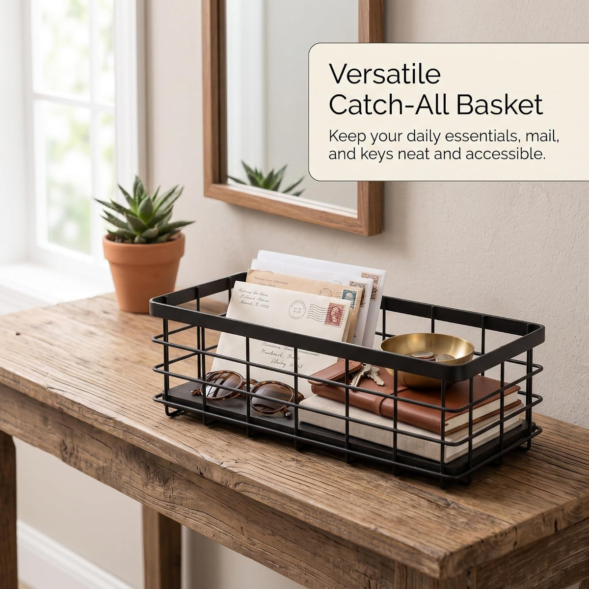 Small Metal Wire Storage Basket with Wood Base (Black+Black, 4 Pack)