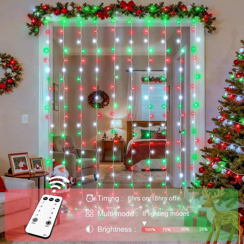 JMEXSUSS 300LED Red White and Green Christmas Curtain Lights with Remote