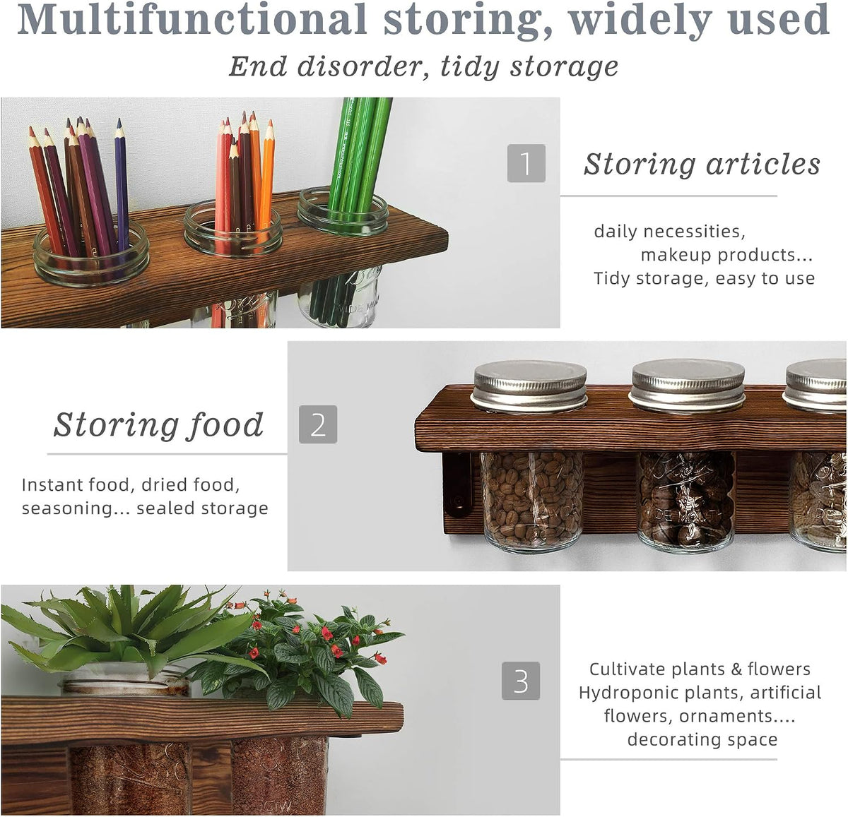 Mason Jar Shelf, Rustic Farmhouse Toothbrush Holder Wall-Mounted, Hanging Mason Jars Organizer for Planters and Candle, Solid Wood Shelf for Office, Kitchen, Barthroom