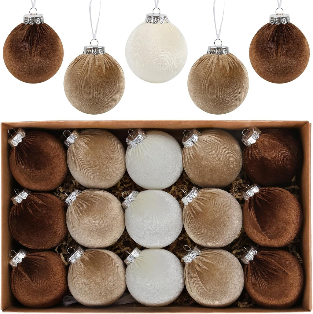 15PCS 3.15 inch Brown and Ivory Velvet Christmas Ball Ornaments Set