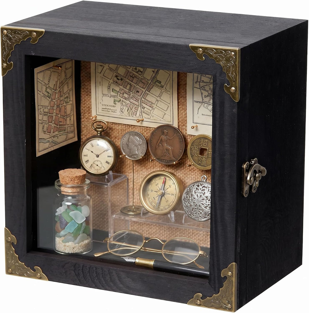Deep Shadow Box Frame 8x8, 4.7" Depth Display Case with Real Glass Door, Black Solid Wood Memory Box with Vintage Metal Corners for Photos, Medals, Flowers, Wedding Keepsakes