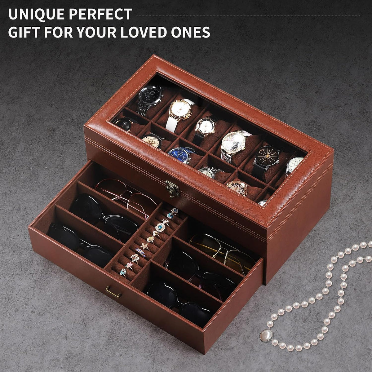 AUTOARK Leather & Velvet Watch Box & Sunglass Organizer,Coffee,MKAW041
