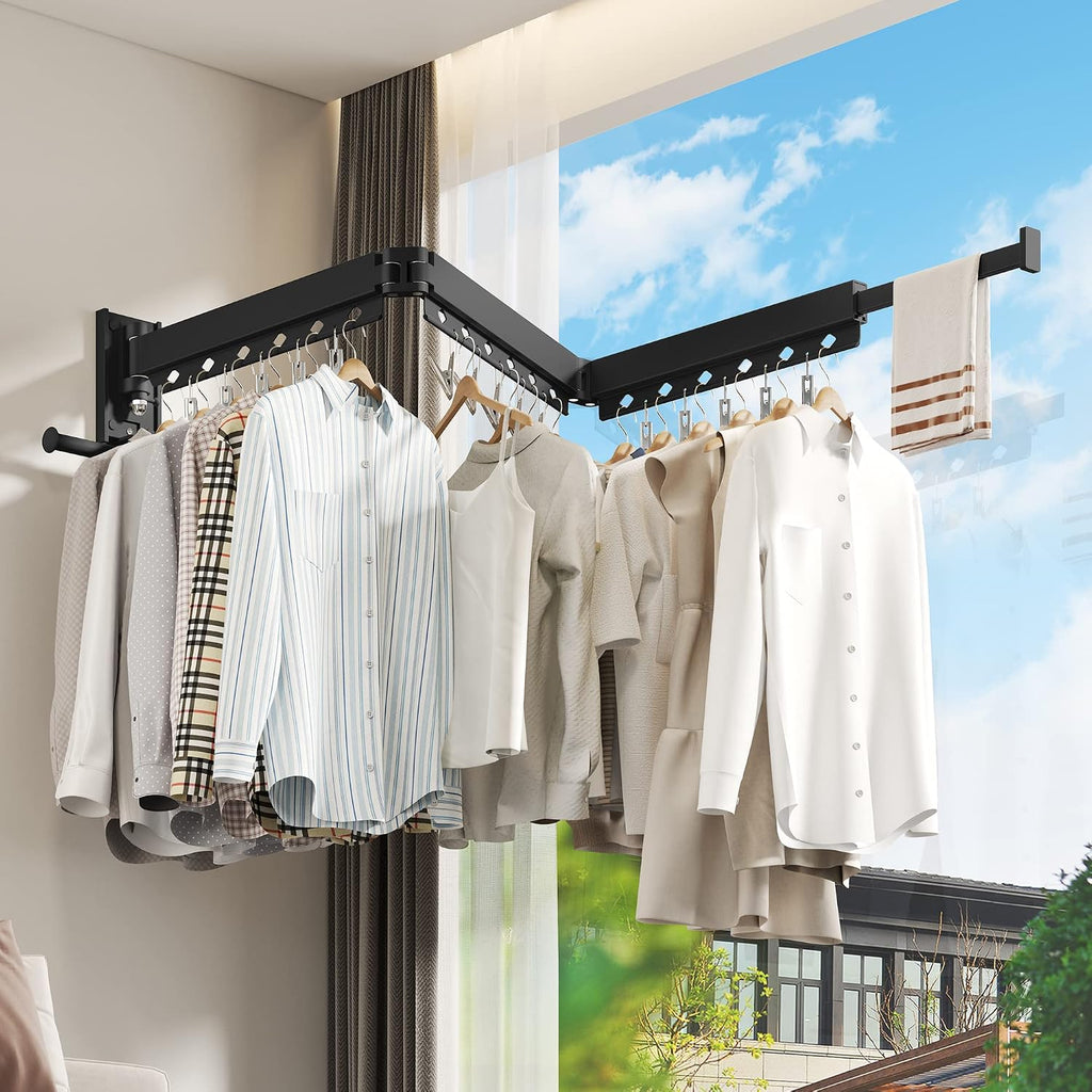BOQORAD Clothes Drying Rack,Wall Mounted Laundry Rack,Drying Rack Clothing,Laundry Drying Rack Wall Mount,Retractable Clothes Rack,Collapsible,Windproof Holes,with Clips,Black Color