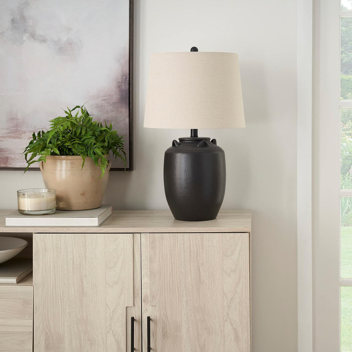 Nourison Home 24" Black Farmhouse Ceramic Pottery Jug Table Lamp for Bedside Table, Living Room, Office, Entryway