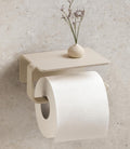 KAZAI. Toilet Paper Holder Wall Mount No Drill | Adhesive Toilet Paper Holder with Shelf | Bathroom Tissue Holder | Metal Toilet Paper Roll Dispenser | Sand Taupe