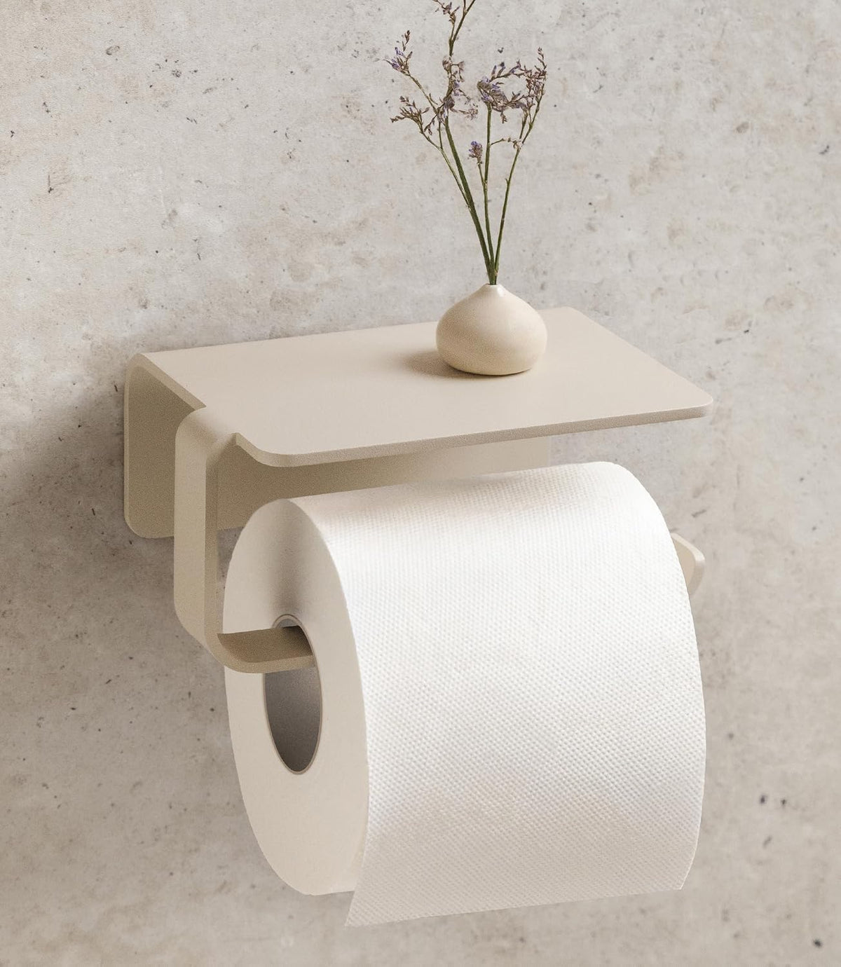 KAZAI. Toilet Paper Holder Wall Mount No Drill | Adhesive Toilet Paper Holder with Shelf | Bathroom Tissue Holder | Metal Toilet Paper Roll Dispenser | Sand Taupe