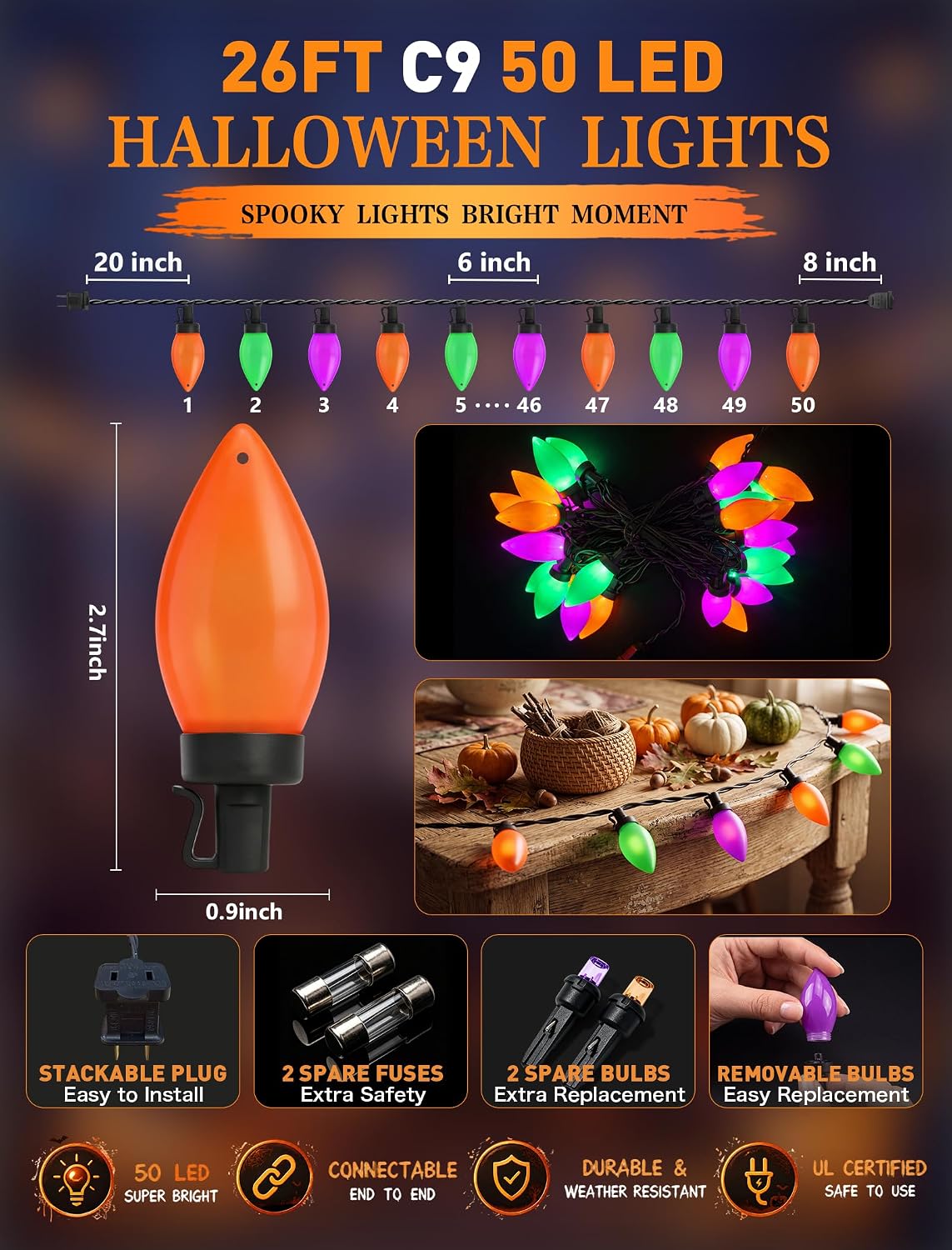 SUNSGNE 26FT 50 LED C9 Halloween String Lights, Orange Green Purple Bulbs