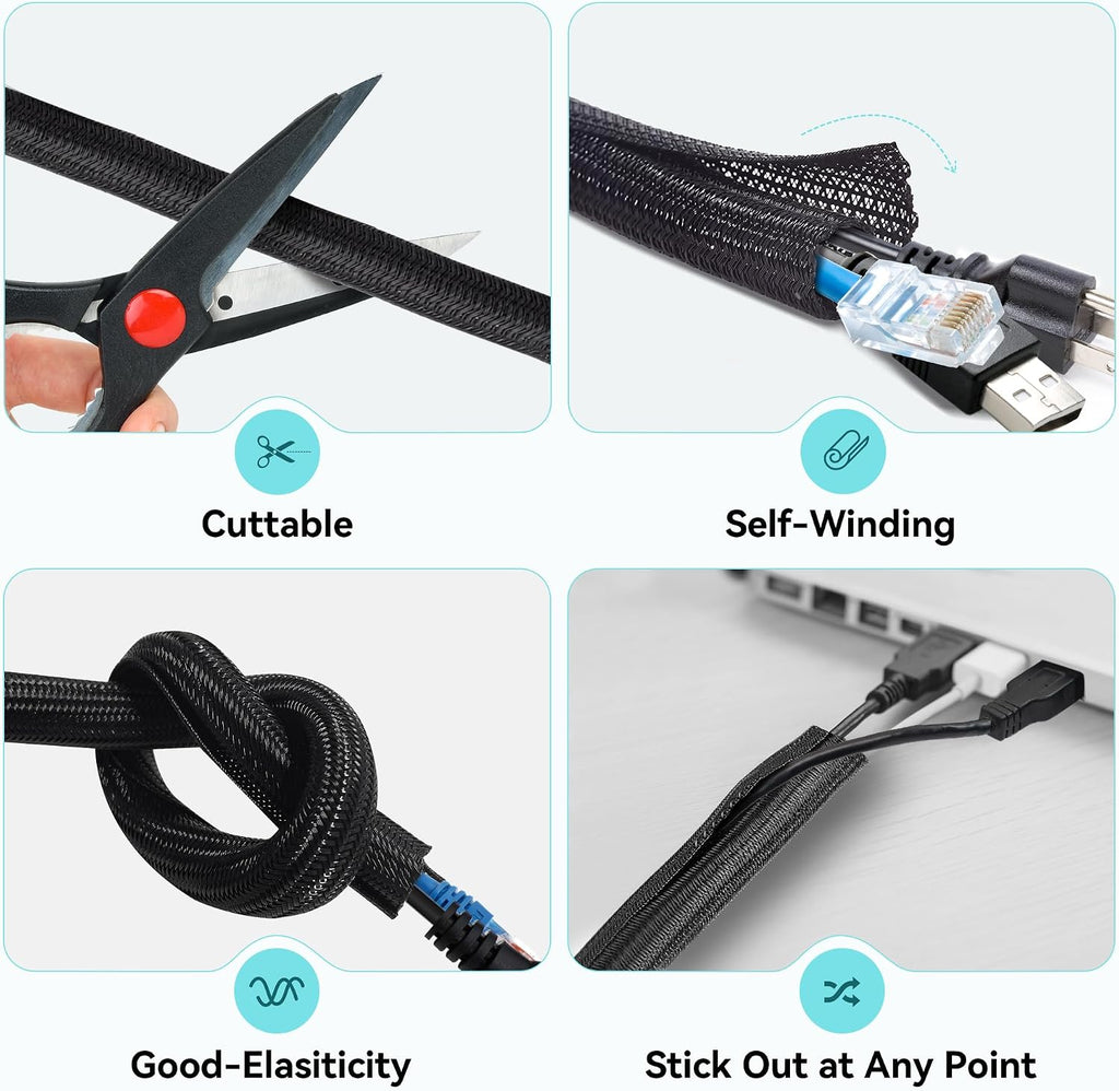 Self-Wrapping Braided Cable Sleeve, 13mm(0.51") Diameter 3M(9.84ft) Cable Management Tube, PET Wire Tidy Organiser for PC TV Home Office, Black