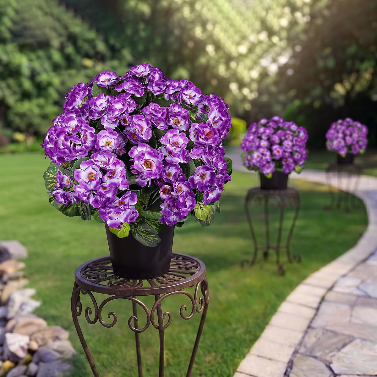 2 Pcs Artificial Flowers Potted for Outdoor, Pre-Made, Purple