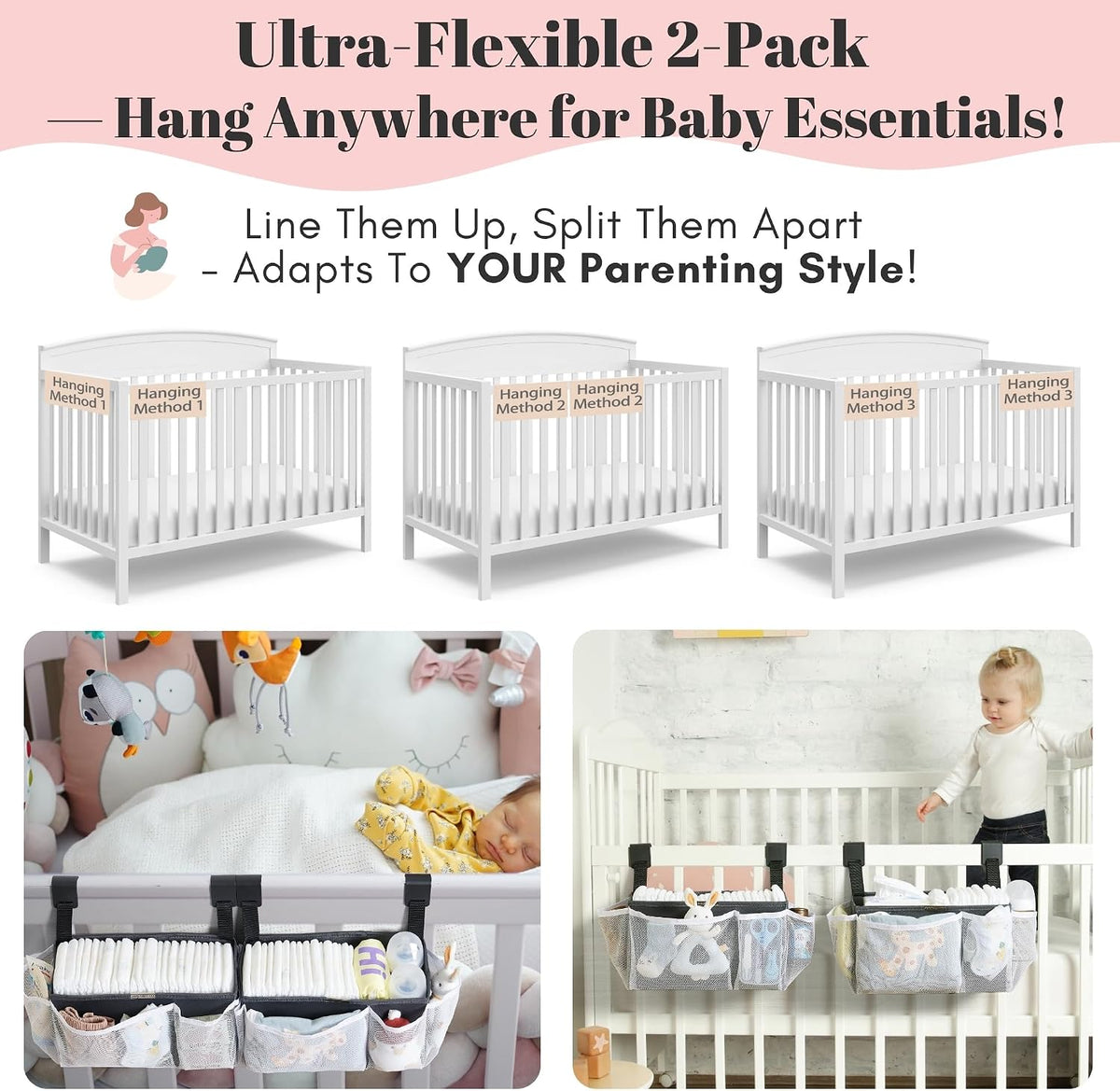 2-Pack Hanging Diaper Organizer for Crib, Playpen, Bassinet & Pack n Play