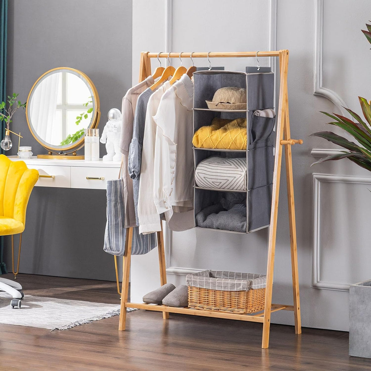 YOUDENOVA Hanging Closet Organizer and Storage for Clothes, 4-Shelf, Grey