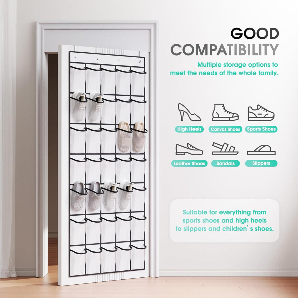 WVM Over the Door Shoe Organizer with 35 Breathable Mesh Pockets, Hanging Shoe Organizer for Door with 4 Metal Hooks, Large Capacity Closet Storage for Shoes, Accessories, White