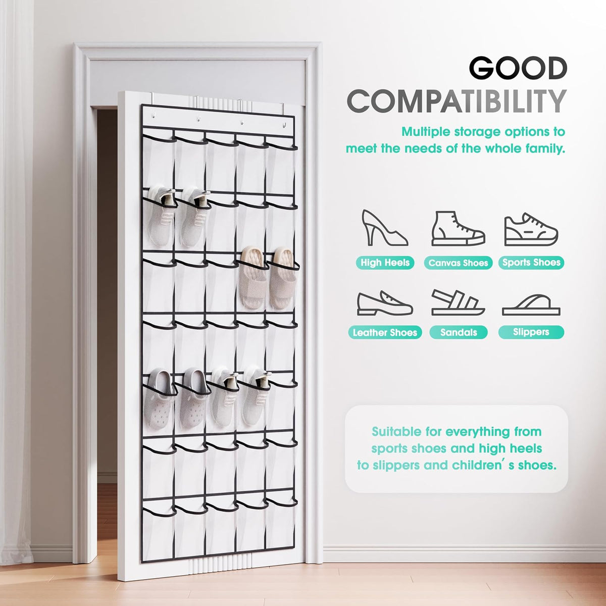 WVM Over the Door Shoe Organizer with 35 Breathable Mesh Pockets, Hanging Shoe Organizer for Door with 4 Metal Hooks, Large Capacity Closet Storage for Shoes, Accessories, White