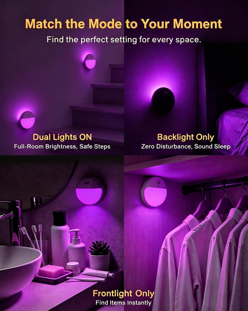 YUNLEX Purple Motion Sensor Night Light Battery Operated, Dim Sticky Light