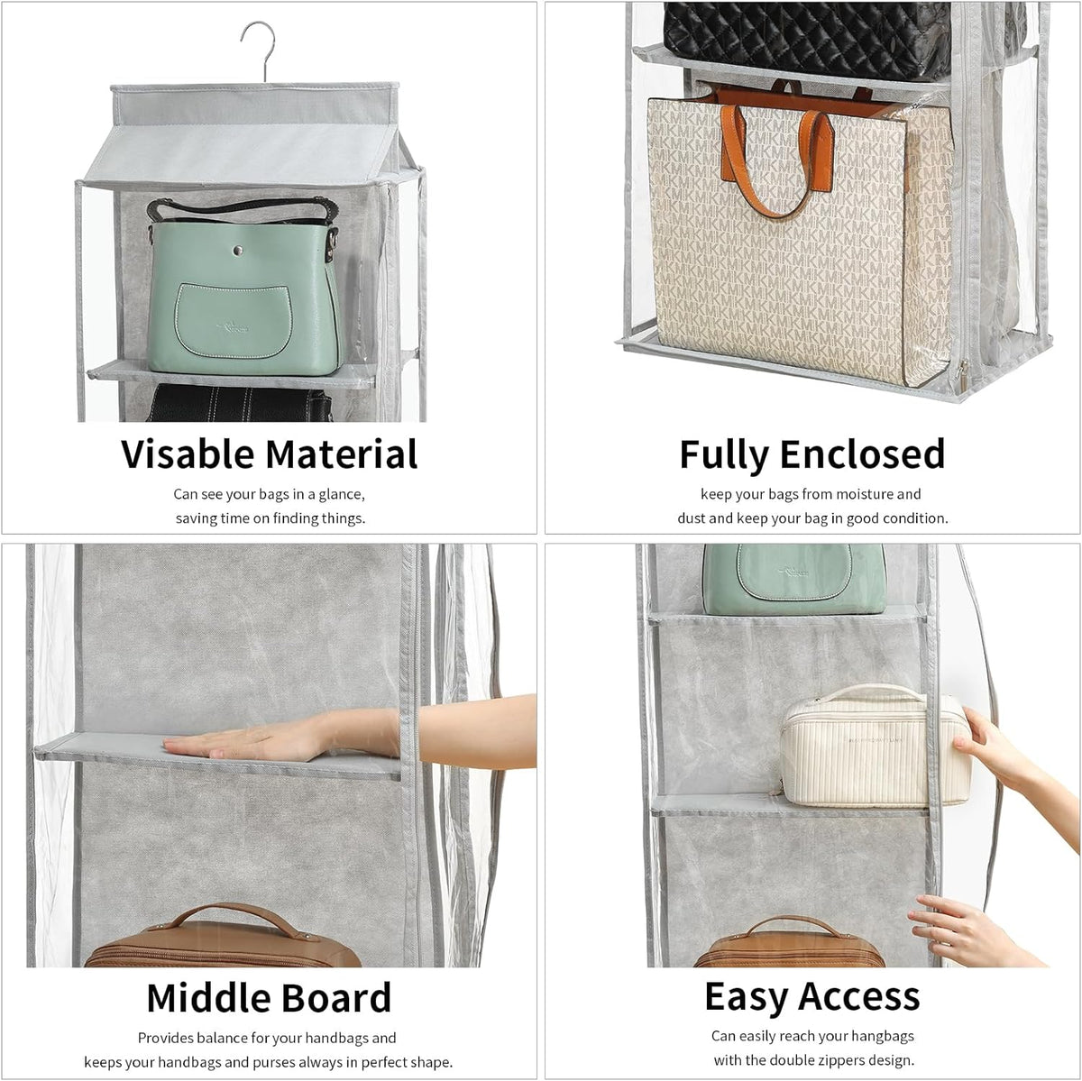8 Grids in 1 Pack Hanging Purse Handbag Organizer with Double Zippers, Visible Purse Organizer for Closet, Fully Enclosed Handbag Storage Holder, Hanging Closet Organizer for Bags