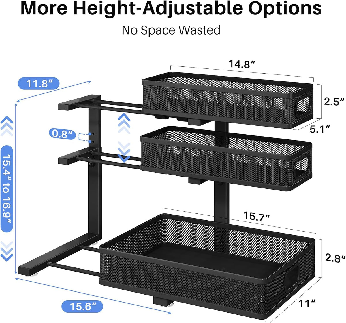 Under Sink Organizer, 3-Tier Thickened Metal Pull out Cabinet Organizer Shelf, Height Adjustable Slide out Storage Drawer Rack for Kitchen Bathroom Pantry Laundry Home Organization, 2-Pack, Black