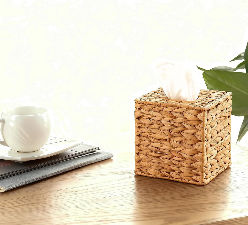 PINXIURY Water Hyacinth Tissue Box Cover, Natural Handmade Wicker Napkin Box Holder and Bathroom Wicker Trash Can, Handwoven Wicker Waste Basket with Handles for Bedroom, Kitchen, Office and Bathroom