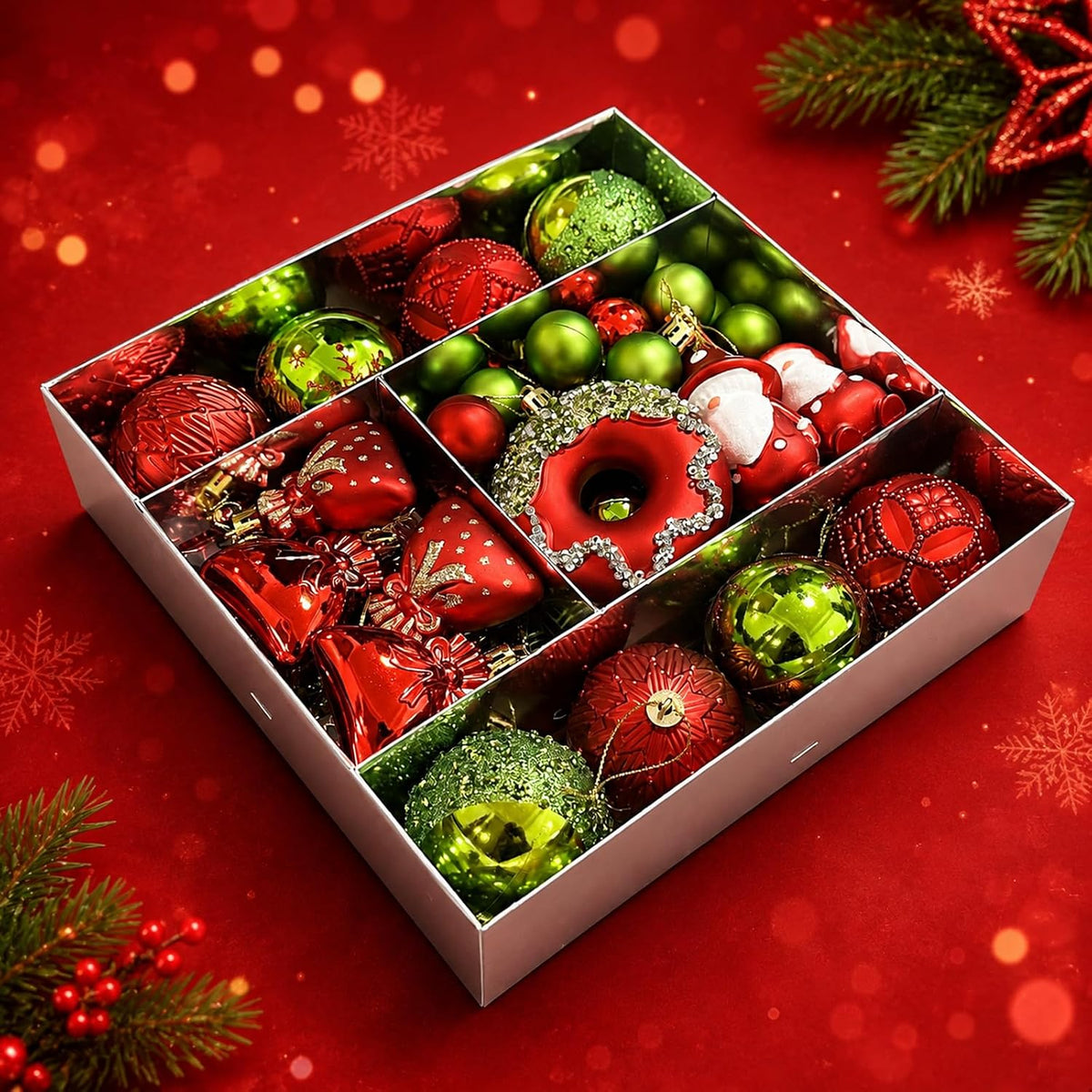 60 Pcs Red & Green Christmas Ornaments Set for Christmas Tree Decorations