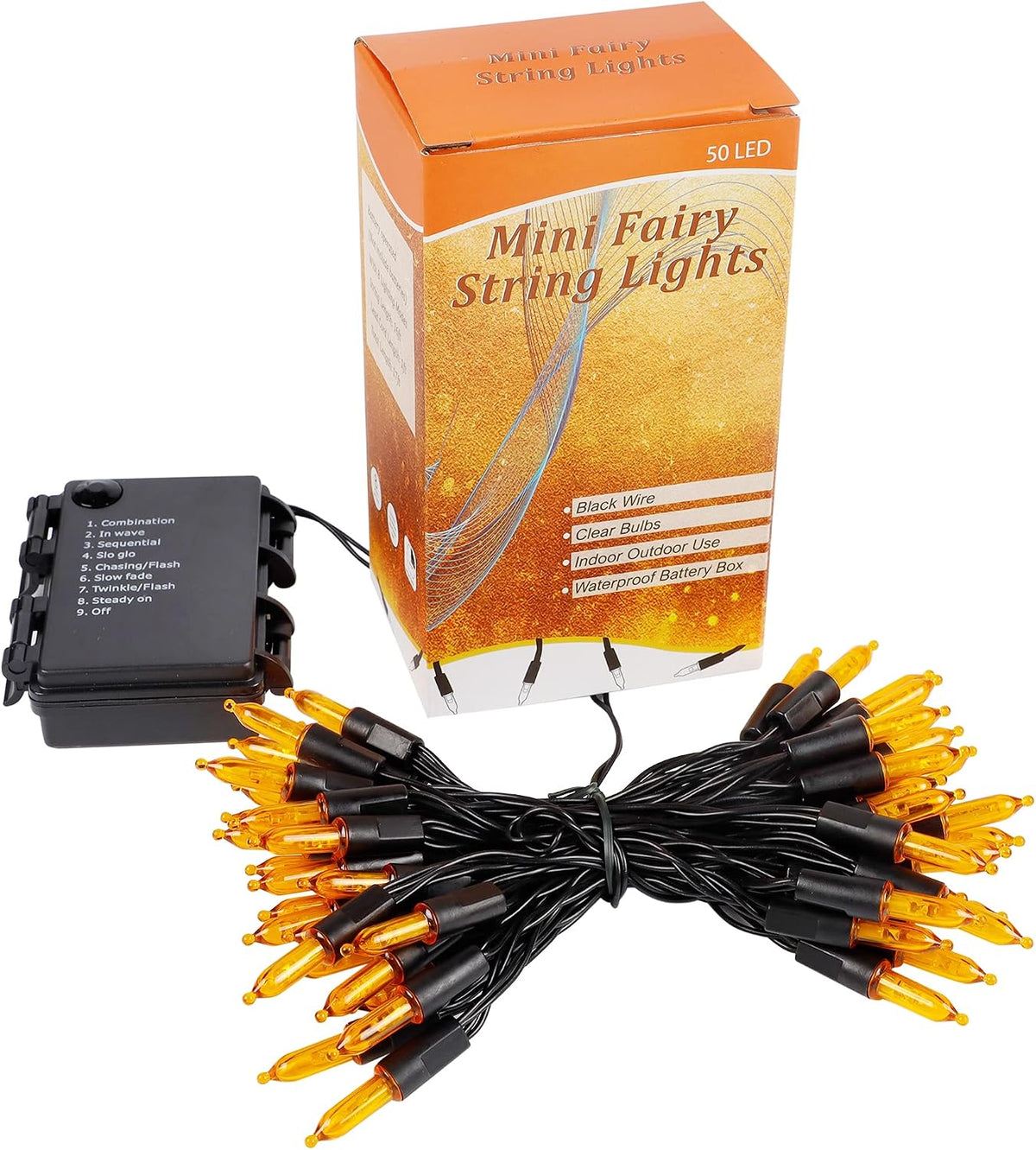 Blissun Halloween Lights: 50-Count Black Wire Mini String Lights with 8 Modes, 16 ft for Decorations (1 Pack, Orange)