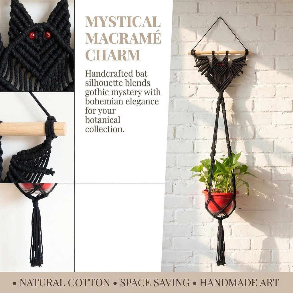 2-Pack Boho Bat Shape Gothic Plant Hanger, Macrame Handmade Pot Holder with Wooden Stick, Black Color Pot Holder for Indoor/Garden/Porch Decoration 40"X11.8" (No Pot & Plant Included)