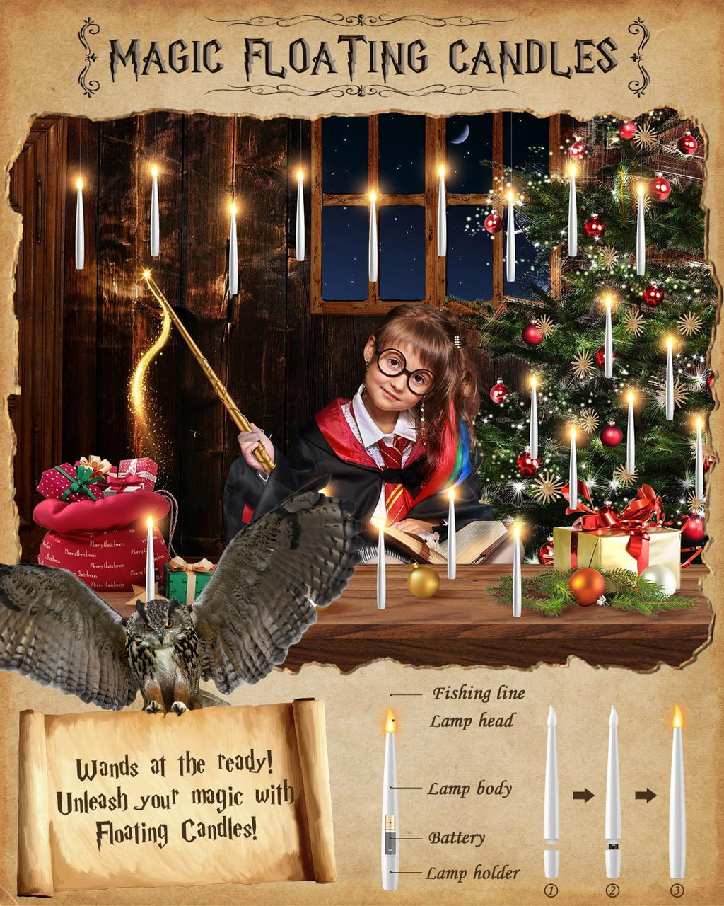 Floating Candles with Wand - 12 Pack Halloween Decorations Magic Flameless Candles Flickering Warm Light LED Hanging Candle Remote, Battery Operated Candles for Christmas Outdoor Indoor Party Decor