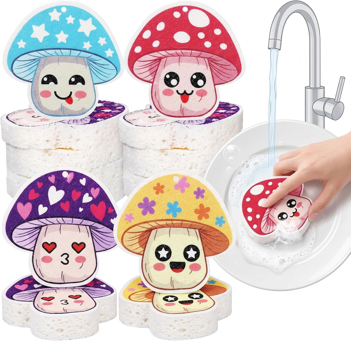 Newtay 8 Pack Compressed Dish Sponges Non-Scratch Reusable Cute,Mushroom