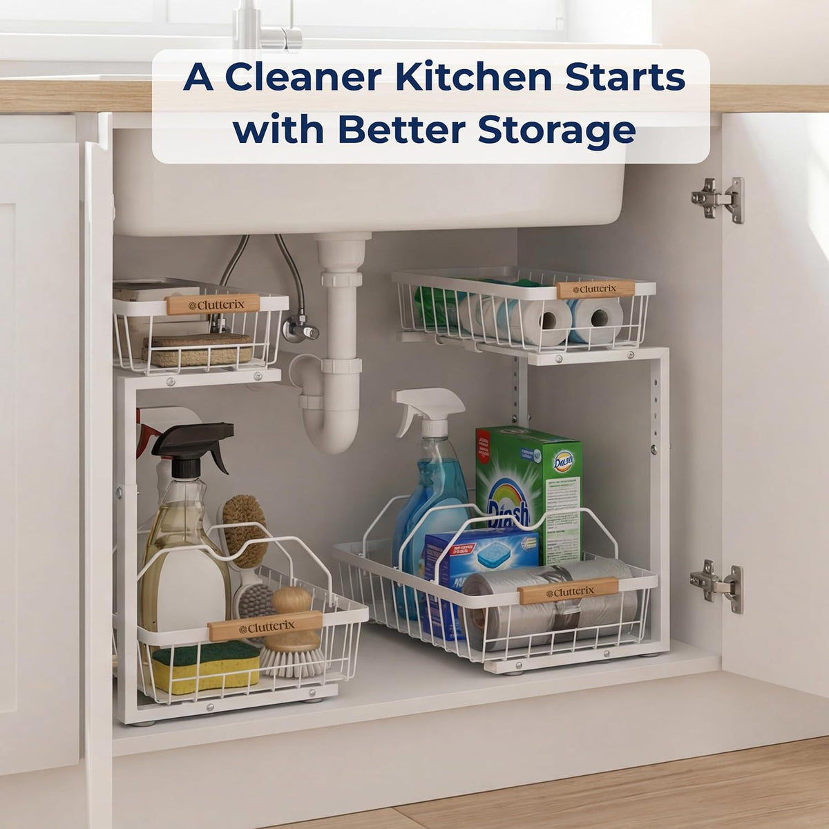 Under Kitchen Sink Organizer with LED Lights, 2 Pack, 2-Tier