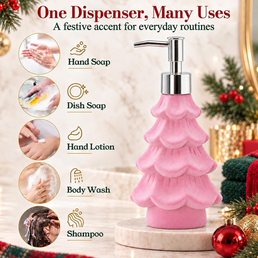 Christmas Soap Dispenser, Flocked Pink Christmas Tree for Bathroom Kitchen